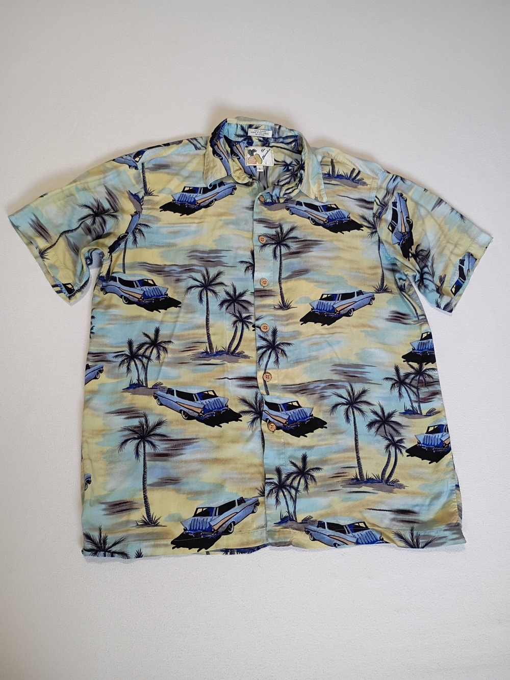 Ron Chereskin Vintage Hawaiian Shirt Men L 100% Rayon Classic Cars Palm Trees